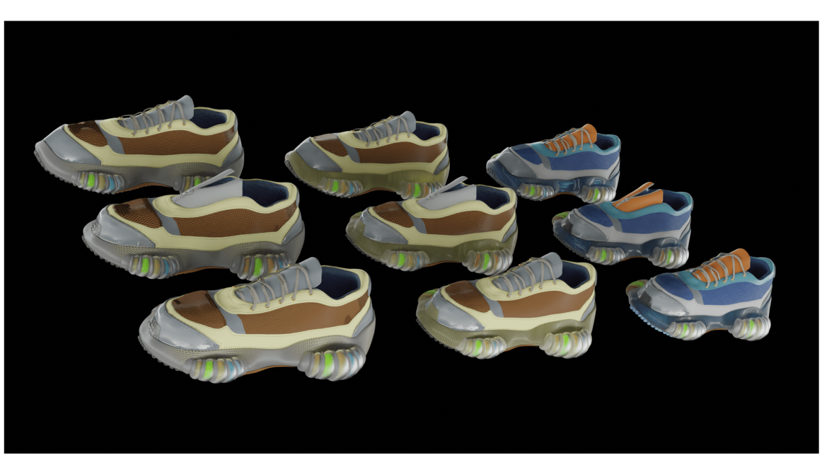 Render of different styles and colours of sneakers