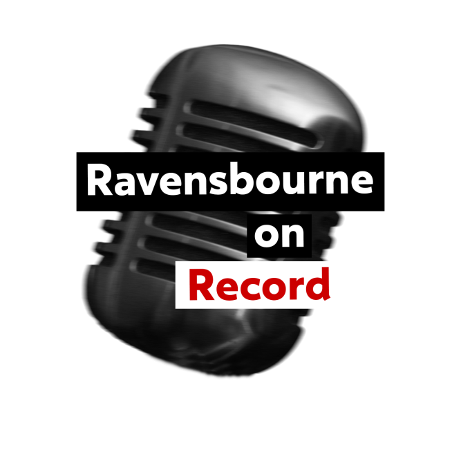 Logo, microphone with 'Ravensbourne on Record' text overlayed.