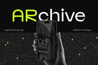 Augmented Reality App UNESCO UK Heritage. A black and grey map with lime green pins. A hand holding a phone in the forefront with a zoomed in image of a building on screen and small cube icon in the centre.