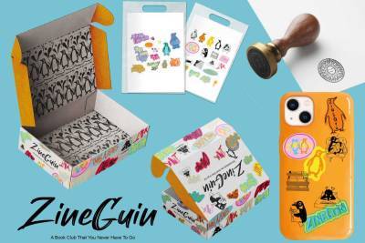 ZineGuin. packaging, bright yellow phone cover and box with colourful penguin motifs